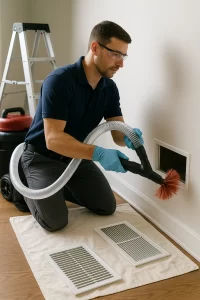 Trusted pro conducting Air Duct Cleaning by Angelos Hard Floor & Duct Cleaning using Rotobrush for improved airflow.