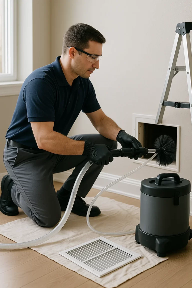 Professional team member delivering Air Duct Cleaning by Angelos Hard Floor & Duct Cleaning using Rotobrush contact agitation.