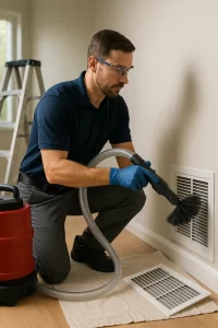 Certified technician providing Air Duct Cleaning by Angelos Hard Floor & Duct Cleaning with Rotobrush at a floor register.