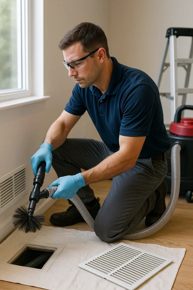 Experienced pro executing Air Duct Cleaning by Angelos Hard Floor & Duct Cleaning using a Rotobrush at a ceiling vent.