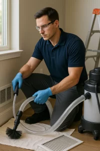 Professional HVAC tech carrying out Air Duct Cleaning by Angelos Hard Floor & Duct Cleaning with Rotobrush in residential ductwork.