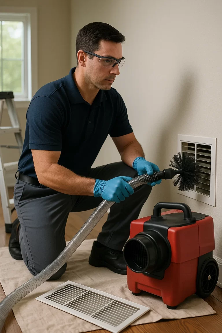 Uniformed crew member performing Air Duct Cleaning by Angelos Hard Floor & Duct Cleaning using Rotobrush during a scheduled visit.