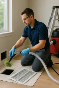 Skilled specialist delivering Air Duct Cleaning by Angelos Hard Floor & Duct Cleaning with Rotobrush and vacuum collection.
