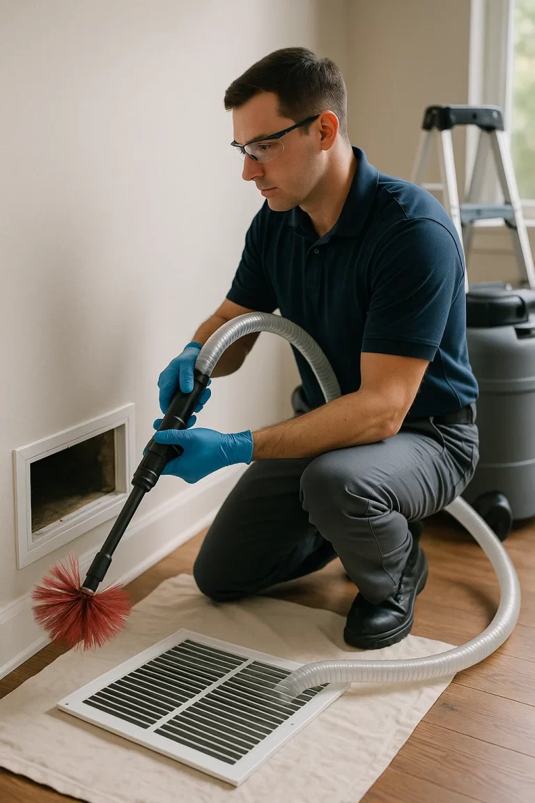 Professional technician conducting Air Duct Cleaning by Angelos Hard Floor & Duct Cleaning using Rotobrush to clean registers.