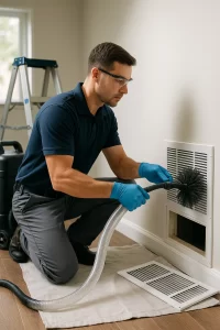 Trusted pro conducting Air Duct Cleaning by Angelos Hard Floor & Duct Cleaning using Rotobrush for improved airflow.