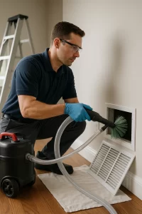 Expert crew member completing Air Duct Cleaning by Angelos Hard Floor & Duct Cleaning with a Rotobrush to reduce allergens.