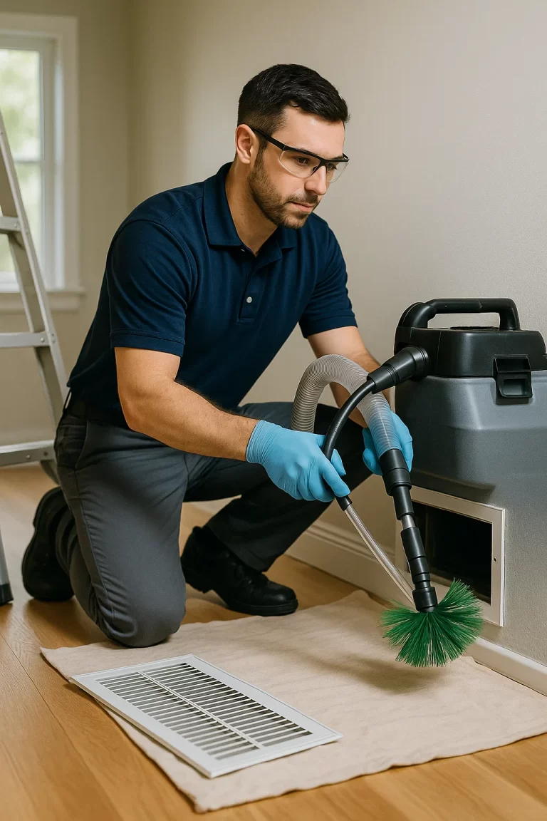 Professional technician performing Air Duct Cleaning by Angelos Hard Floor & Duct Cleaning using a Rotobrush.