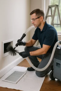 Uniformed pro providing Air Duct Cleaning by Angelos Hard Floor & Duct Cleaning with a Rotobrush system.