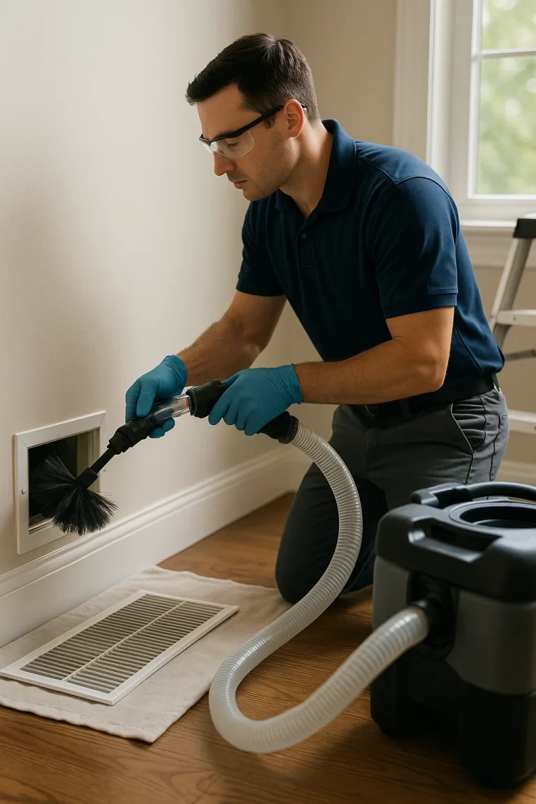 Experienced HVAC specialist delivering Air Duct Cleaning by Angelos Hard Floor & Duct Cleaning using Rotobrush contact cleaning.