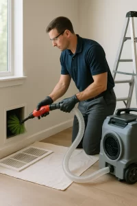 Skilled team member conducting Air Duct Cleaning by Angelos Hard Floor & Duct Cleaning with Rotobrush brush and vacuum.