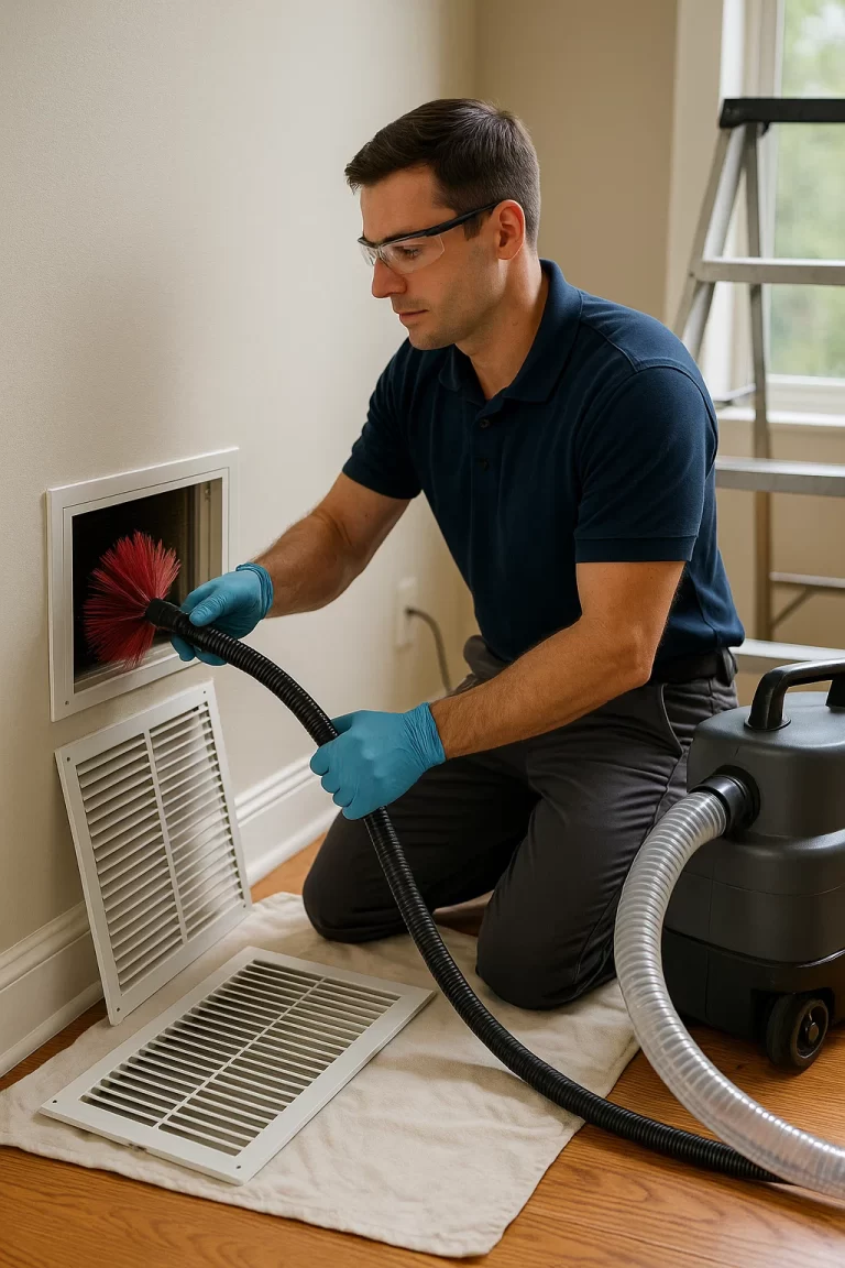 Professional crew member executing Air Duct Cleaning by Angelos Hard Floor & Duct Cleaning using a Rotobrush at a supply vent.