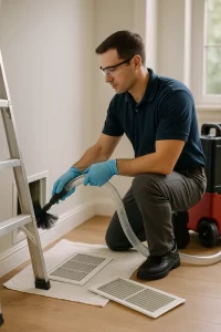 Professional technician performing Air Duct Cleaning by Angelos Hard Floor & Duct Cleaning with a Rotobrush at a return register.