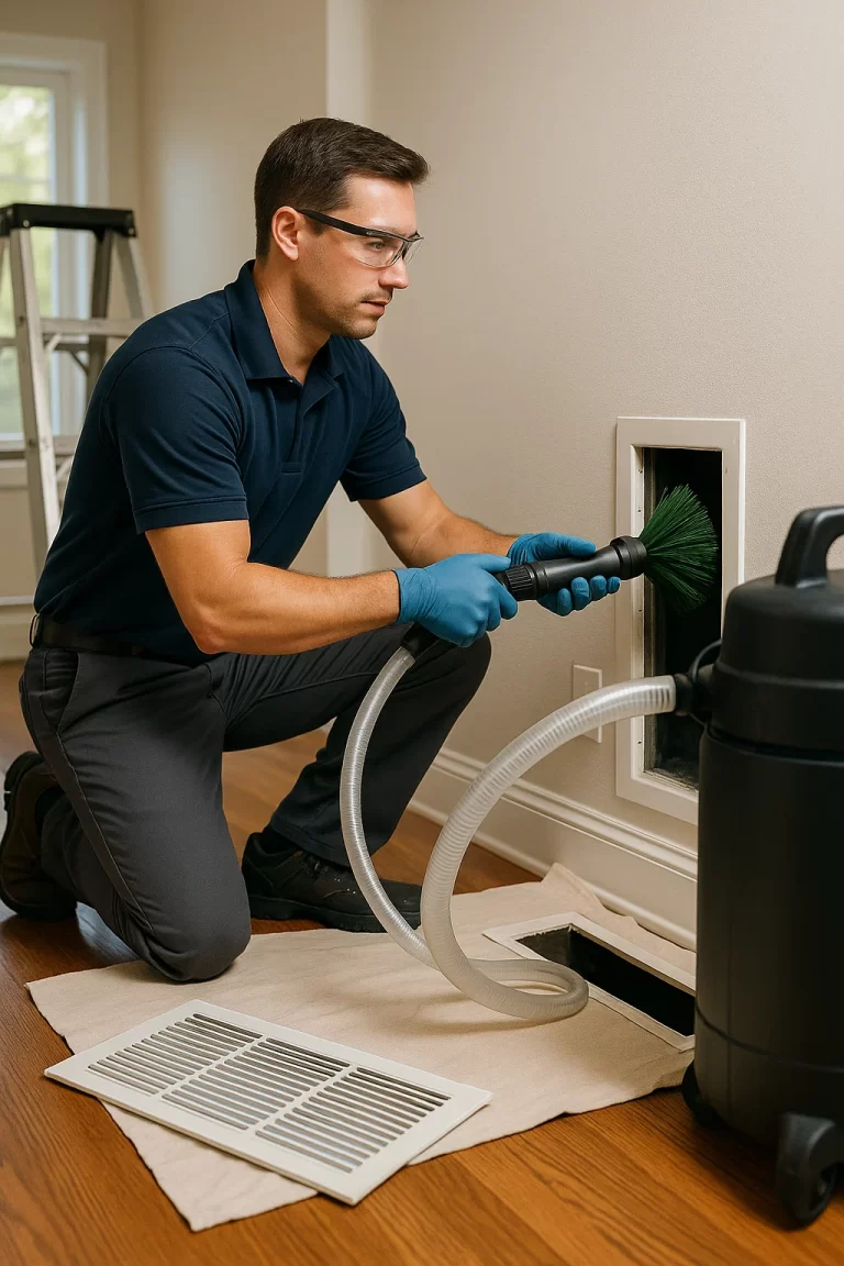 Uniformed technician carrying out Air Duct Cleaning by Angelos Hard Floor & Duct Cleaning using Rotobrush near the air handler.