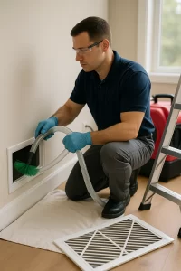 Expert pro completing Air Duct Cleaning by Angelos Hard Floor & Duct Cleaning using a Rotobrush and HEPA collection.