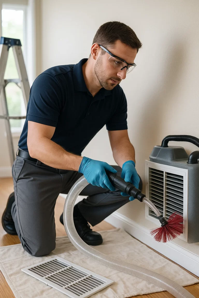 Friendly technician delivering Air Duct Cleaning by Angelos Hard Floor & Duct Cleaning with Rotobrush for dust reduction.