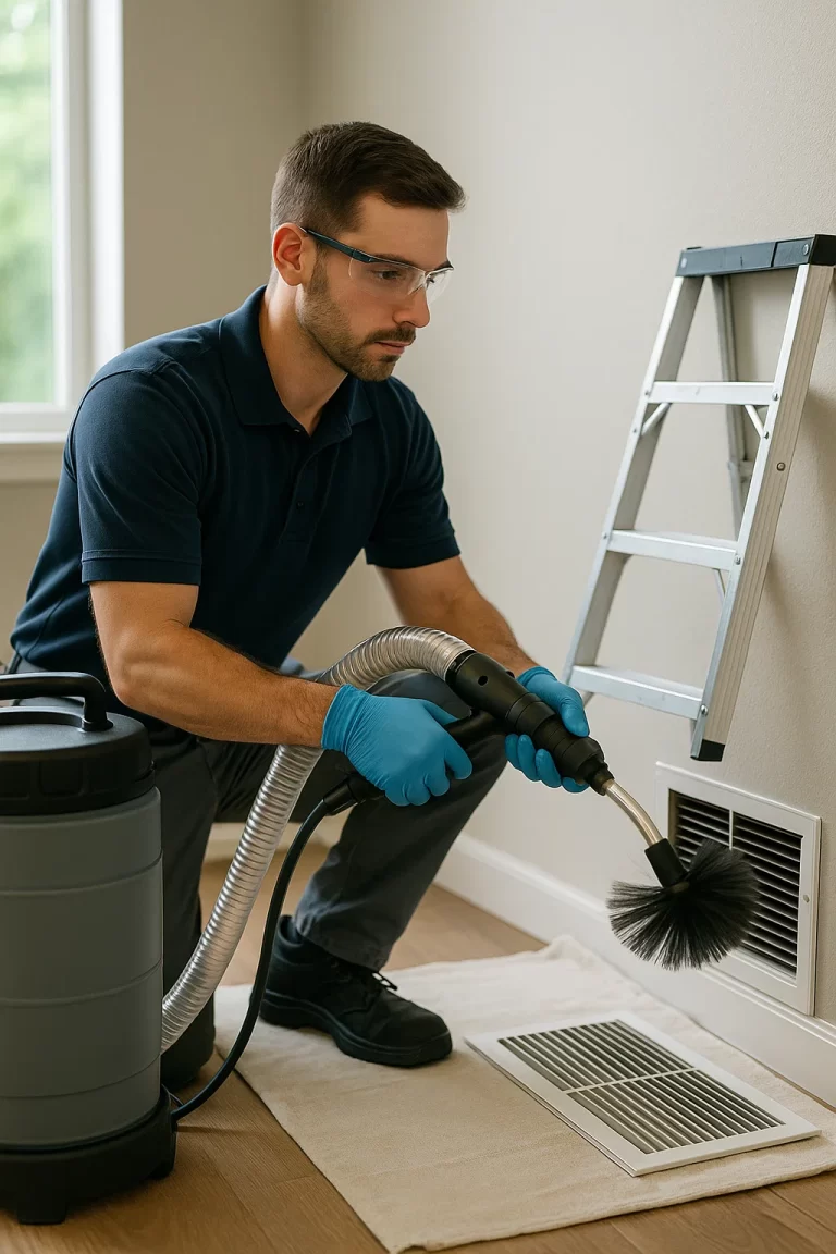 Professional team member delivering Air Duct Cleaning by Angelos Hard Floor & Duct Cleaning using Rotobrush contact agitation.