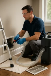 Professional HVAC specialist providing Air Duct Cleaning by Angelos Hard Floor & Duct Cleaning using a Rotobrush hose and brush head.