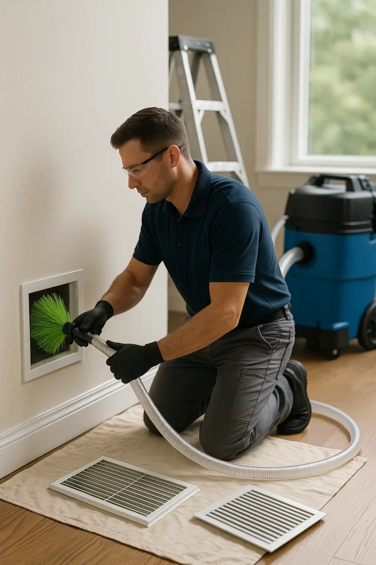 Skilled technician performing Air Duct Cleaning by Angelos Hard Floor & Duct Cleaning with a Rotobrush on main trunk lines.