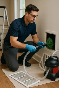 Trusted pro conducting Air Duct Cleaning by Angelos Hard Floor & Duct Cleaning using Rotobrush for improved airflow.