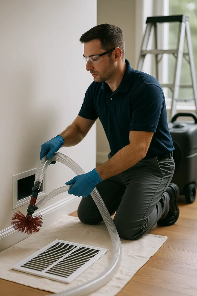 Experienced pro executing Air Duct Cleaning by Angelos Hard Floor & Duct Cleaning using a Rotobrush at a ceiling vent.