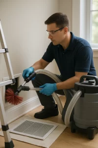 Professional HVAC tech carrying out Air Duct Cleaning by Angelos Hard Floor & Duct Cleaning with Rotobrush in residential ductwork.