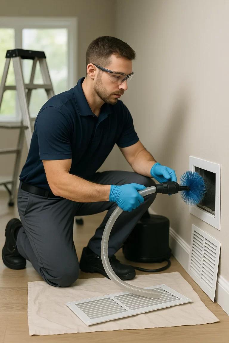 Uniformed crew member performing Air Duct Cleaning by Angelos Hard Floor & Duct Cleaning using Rotobrush during a scheduled visit.