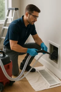 Skilled specialist delivering Air Duct Cleaning by Angelos Hard Floor & Duct Cleaning with Rotobrush and vacuum collection.