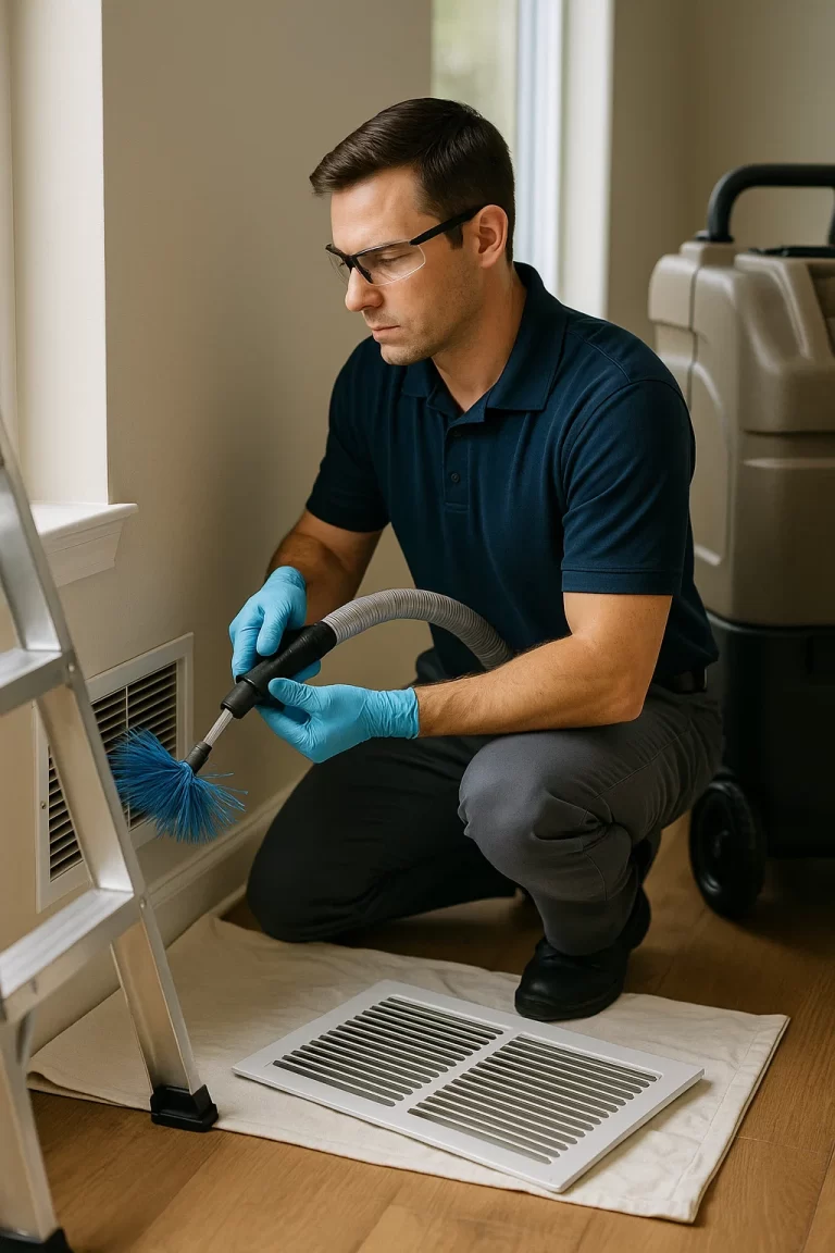 Professional technician conducting Air Duct Cleaning by Angelos Hard Floor & Duct Cleaning using Rotobrush to clean registers.