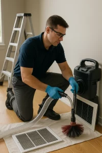 Certified technician providing Air Duct Cleaning by Angelos Hard Floor & Duct Cleaning with Rotobrush at a floor register.