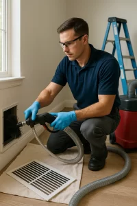 Expert crew member completing Air Duct Cleaning by Angelos Hard Floor & Duct Cleaning with a Rotobrush to reduce allergens.