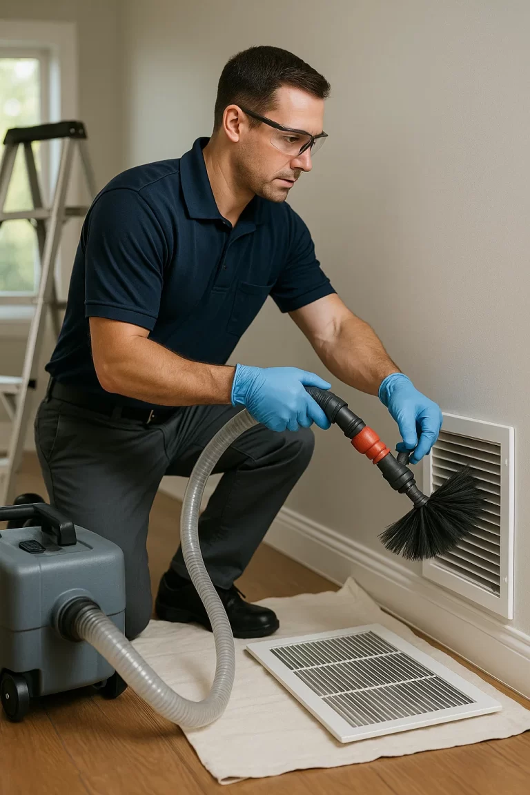 Experienced pro executing Air Duct Cleaning by Angelos Hard Floor & Duct Cleaning using a Rotobrush at a ceiling vent.