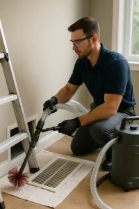 Professional HVAC tech carrying out Air Duct Cleaning by Angelos Hard Floor & Duct Cleaning with Rotobrush in residential ductwork.