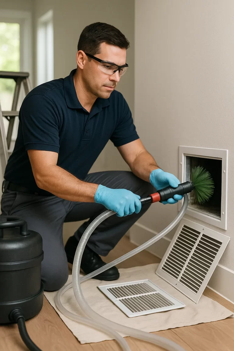 Experienced HVAC specialist delivering Air Duct Cleaning by Angelos Hard Floor & Duct Cleaning using Rotobrush contact cleaning.