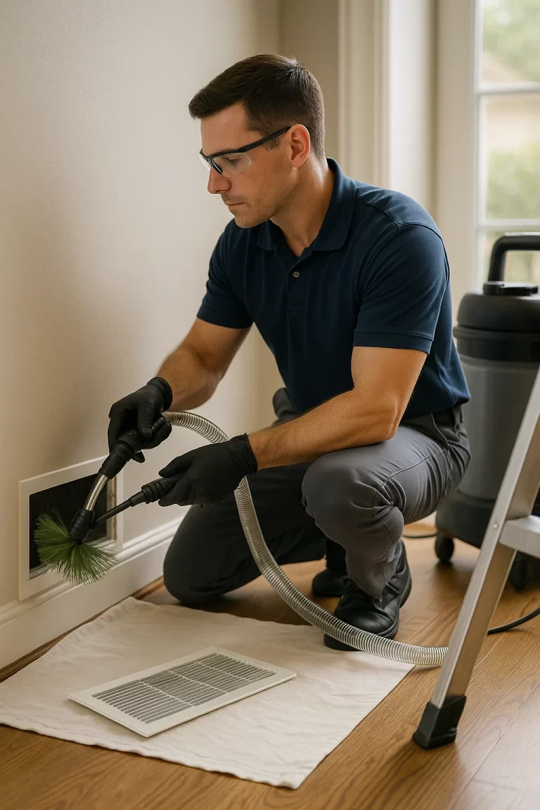 Professional technician conducting Air Duct Cleaning by Angelos Hard Floor & Duct Cleaning using Rotobrush to clean registers.