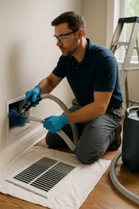 Skilled team member conducting Air Duct Cleaning by Angelos Hard Floor & Duct Cleaning with Rotobrush brush and vacuum.