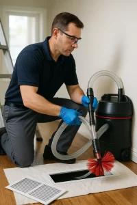 Expert crew member completing Air Duct Cleaning by Angelos Hard Floor & Duct Cleaning with a Rotobrush to reduce allergens.