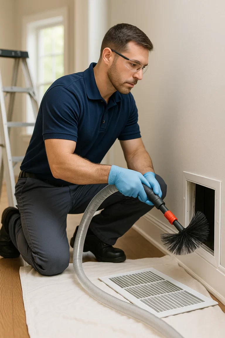 Professional technician performing Air Duct Cleaning by Angelos Hard Floor & Duct Cleaning using a Rotobrush.