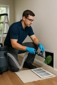 Uniformed pro providing Air Duct Cleaning by Angelos Hard Floor & Duct Cleaning with a Rotobrush system.