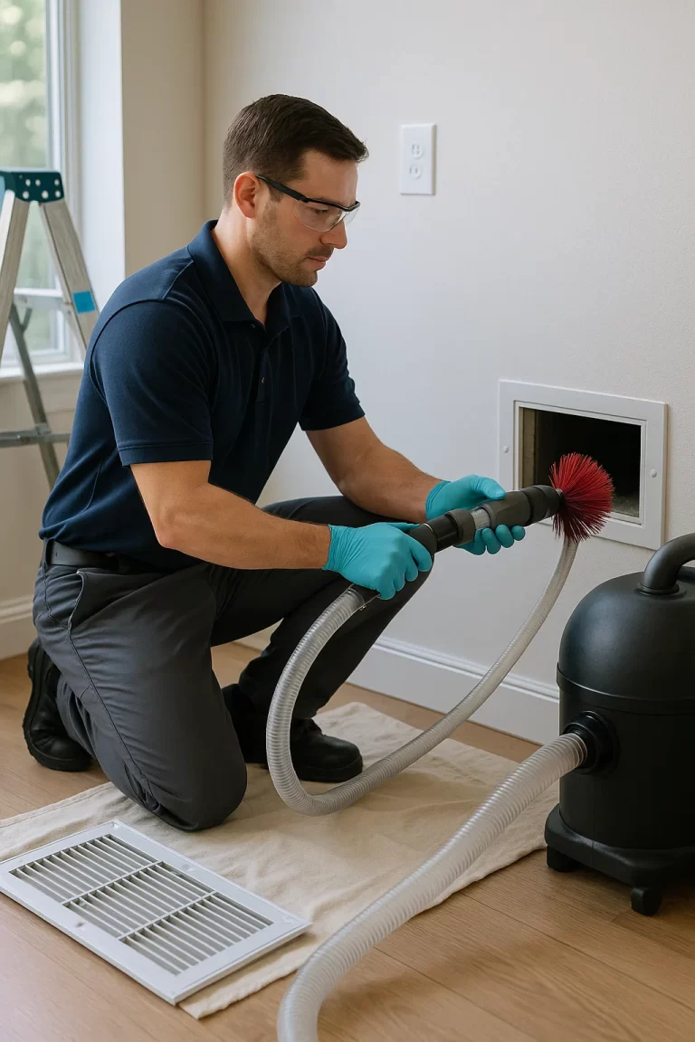 Professional crew member executing Air Duct Cleaning by Angelos Hard Floor & Duct Cleaning using a Rotobrush at a supply vent.
