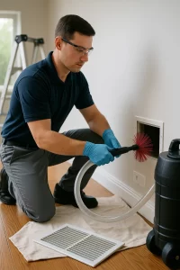 Professional technician performing Air Duct Cleaning by Angelos Hard Floor & Duct Cleaning with a Rotobrush at a return register.