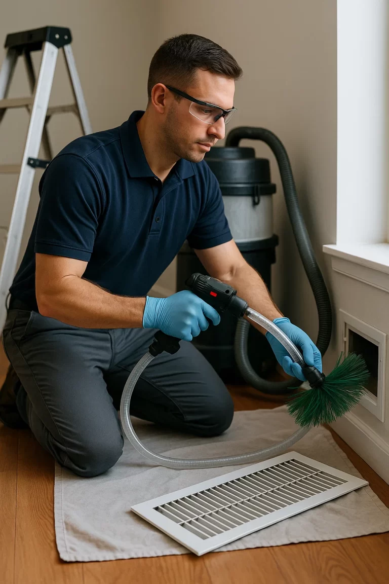 Uniformed technician carrying out Air Duct Cleaning by Angelos Hard Floor & Duct Cleaning using Rotobrush near the air handler.