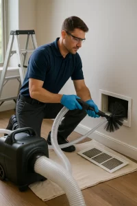 Expert pro completing Air Duct Cleaning by Angelos Hard Floor & Duct Cleaning using a Rotobrush and HEPA collection.