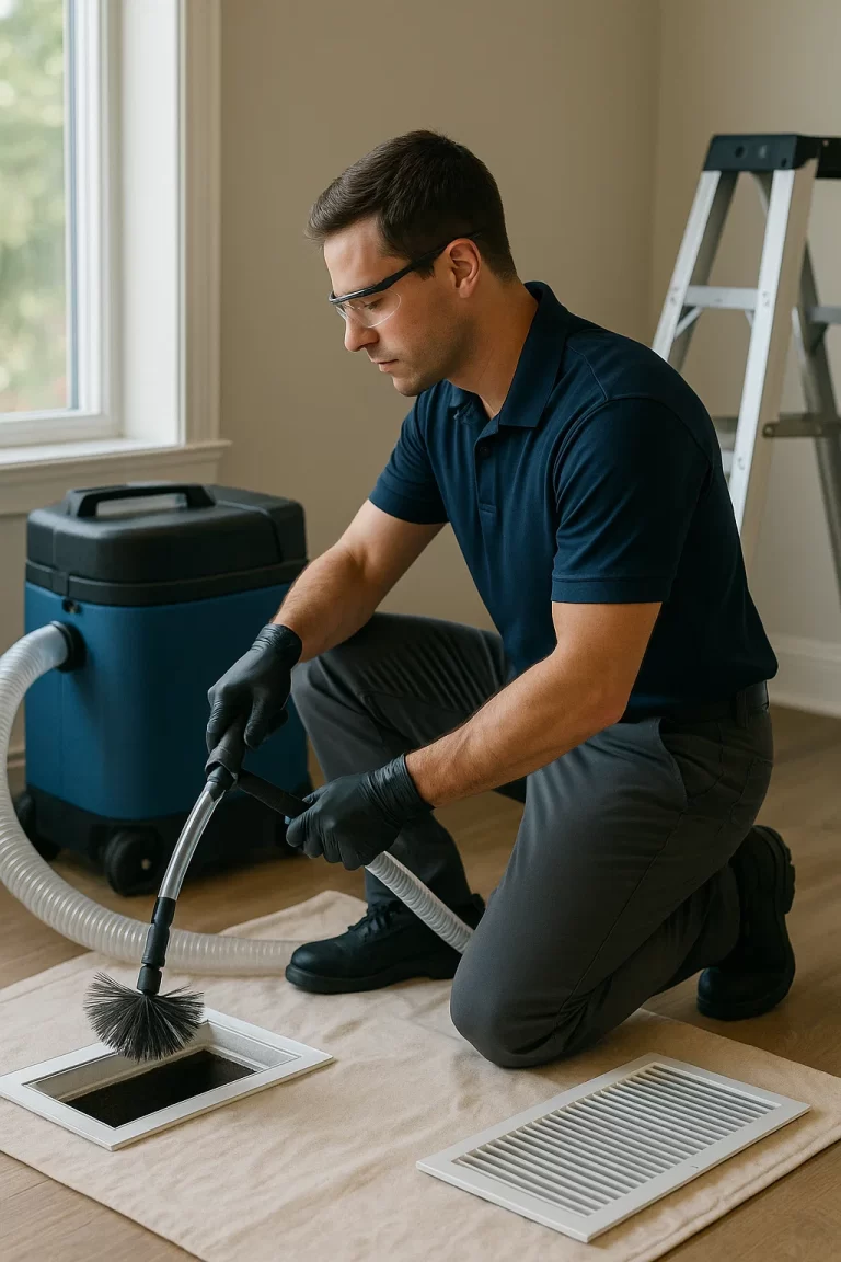 Professional crew member executing Air Duct Cleaning by Angelos Hard Floor & Duct Cleaning using a Rotobrush at a supply vent.