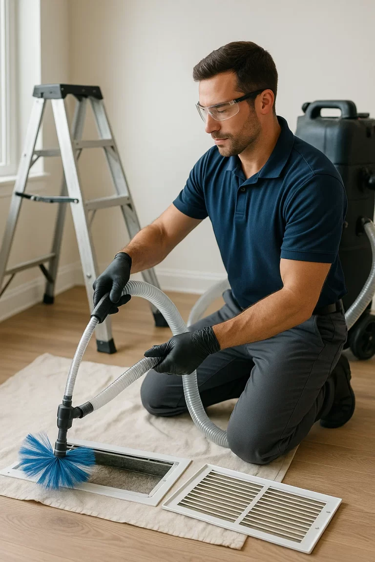 Professional team member delivering Air Duct Cleaning by Angelos Hard Floor & Duct Cleaning using Rotobrush contact agitation.
