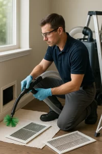 Certified technician providing Air Duct Cleaning by Angelos Hard Floor & Duct Cleaning with Rotobrush at a floor register.
