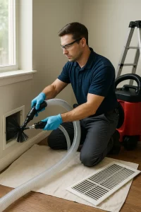 Professional technician performing Air Duct Cleaning by Angelos Hard Floor & Duct Cleaning with a Rotobrush at a return register.