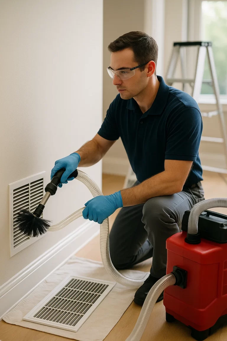 Professional crew member executing Air Duct Cleaning by Angelos Hard Floor & Duct Cleaning using a Rotobrush at a supply vent.