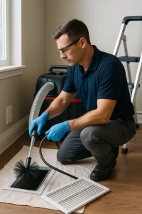 Professional technician performing Air Duct Cleaning by Angelos Hard Floor & Duct Cleaning with a Rotobrush at a return register.