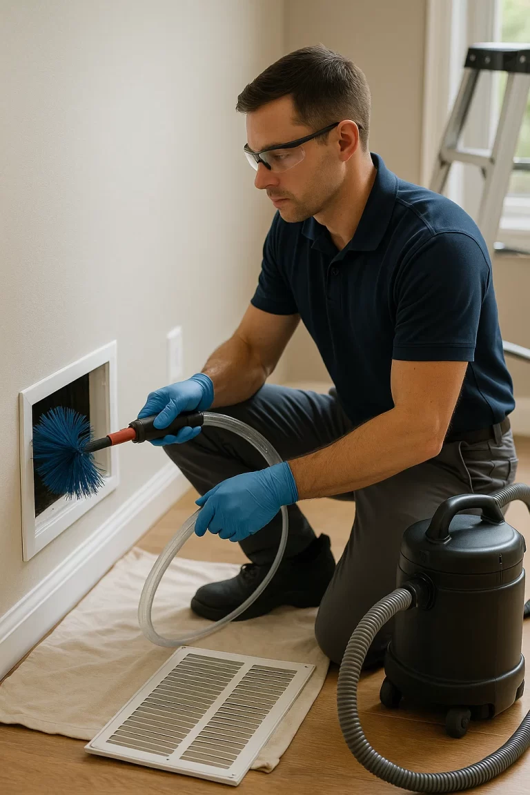 Skilled technician performing Air Duct Cleaning by Angelos Hard Floor & Duct Cleaning with a Rotobrush on main trunk lines.