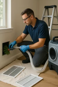 Trusted pro conducting Air Duct Cleaning by Angelos Hard Floor & Duct Cleaning using Rotobrush for improved airflow.